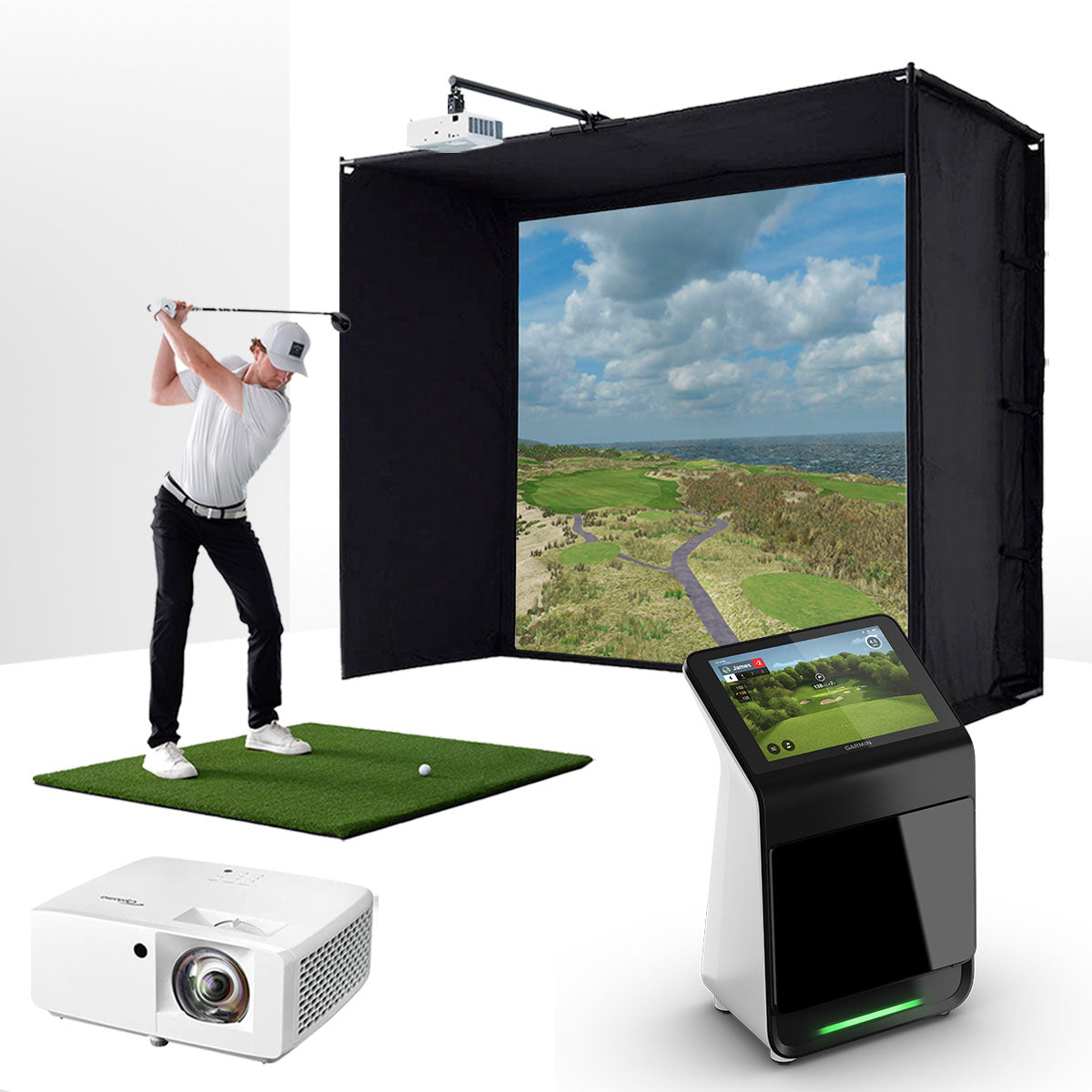 Garmin Approach R50 with PlayBetter SimStudio™ ESSENTIALS Package | Golf Simulator Studio with Impact Screen, Enclosure, Hitting Mat & Projector